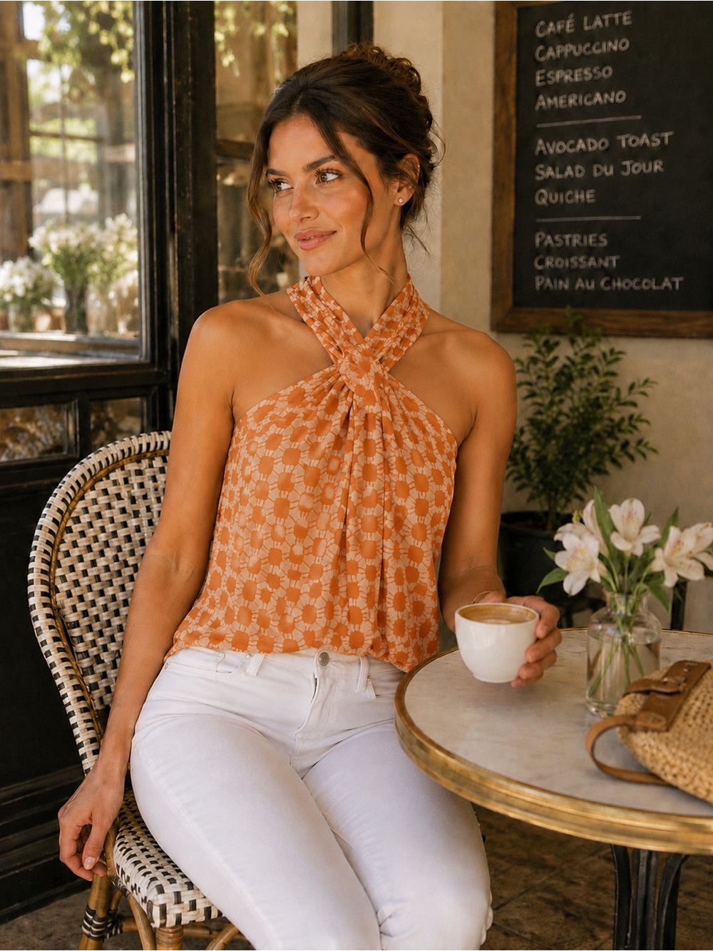 Waverly Grey Orange Cross-Neck Floral Halter Top